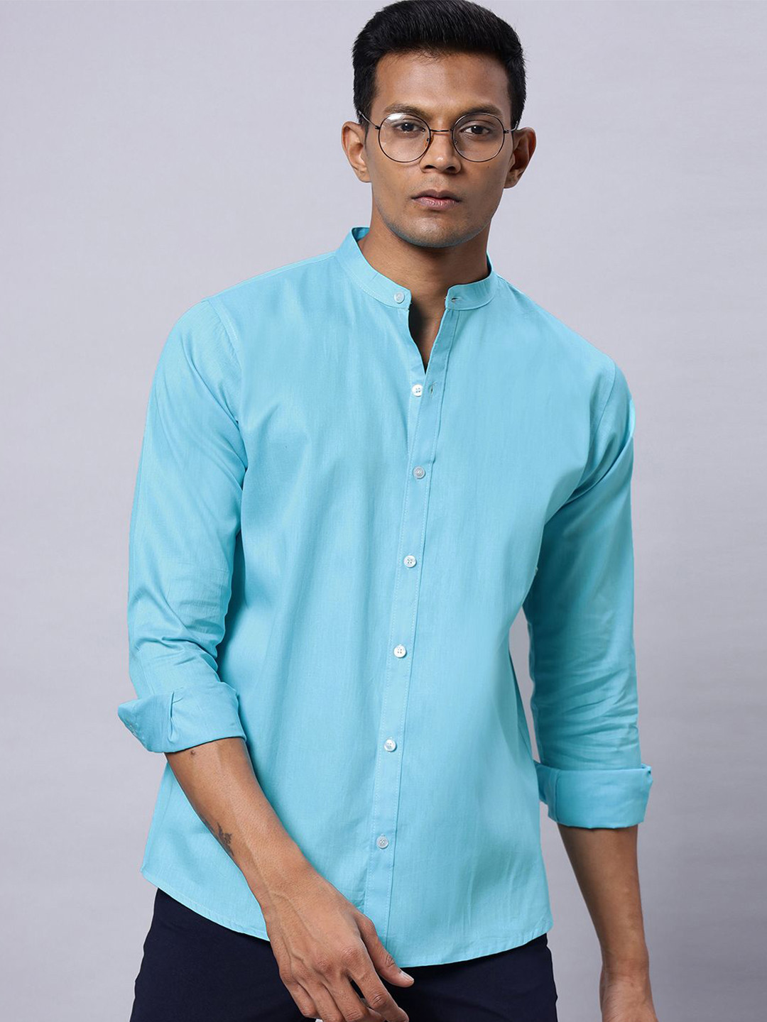 

N AND J Men Classic Band Collar Solid Cotton Casual Shirt, Blue