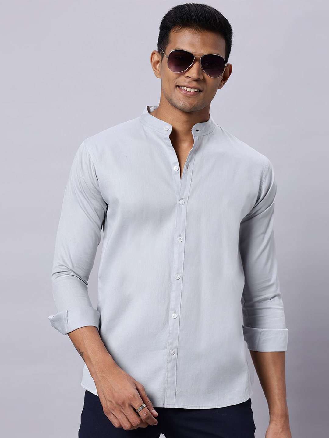 

N AND J Men Classic Band Collar Solid Cotton Casual Shirt, Grey