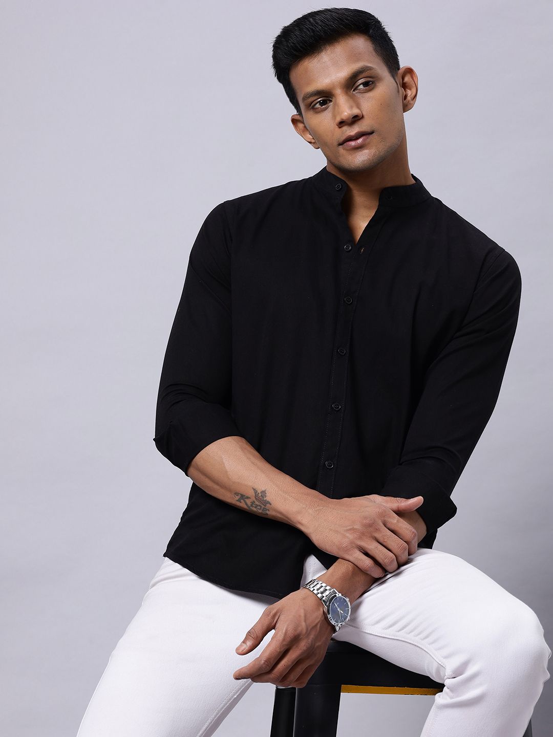 

N AND J Men Classic Band Collar Solid Cotton Casual Shirt, Black