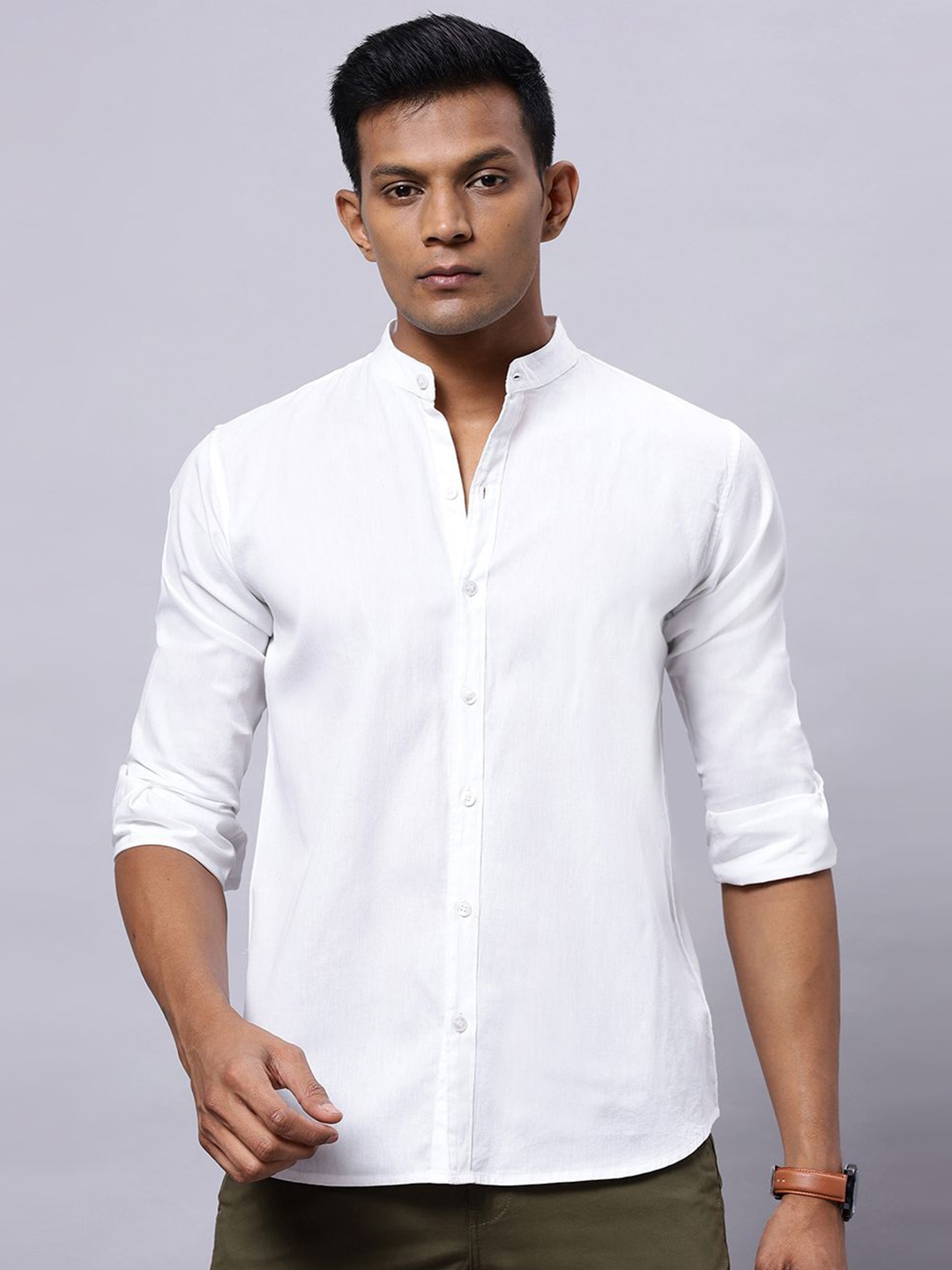 

N AND J Men Classic Band Collar Solid Cotton Casual Shirt, White