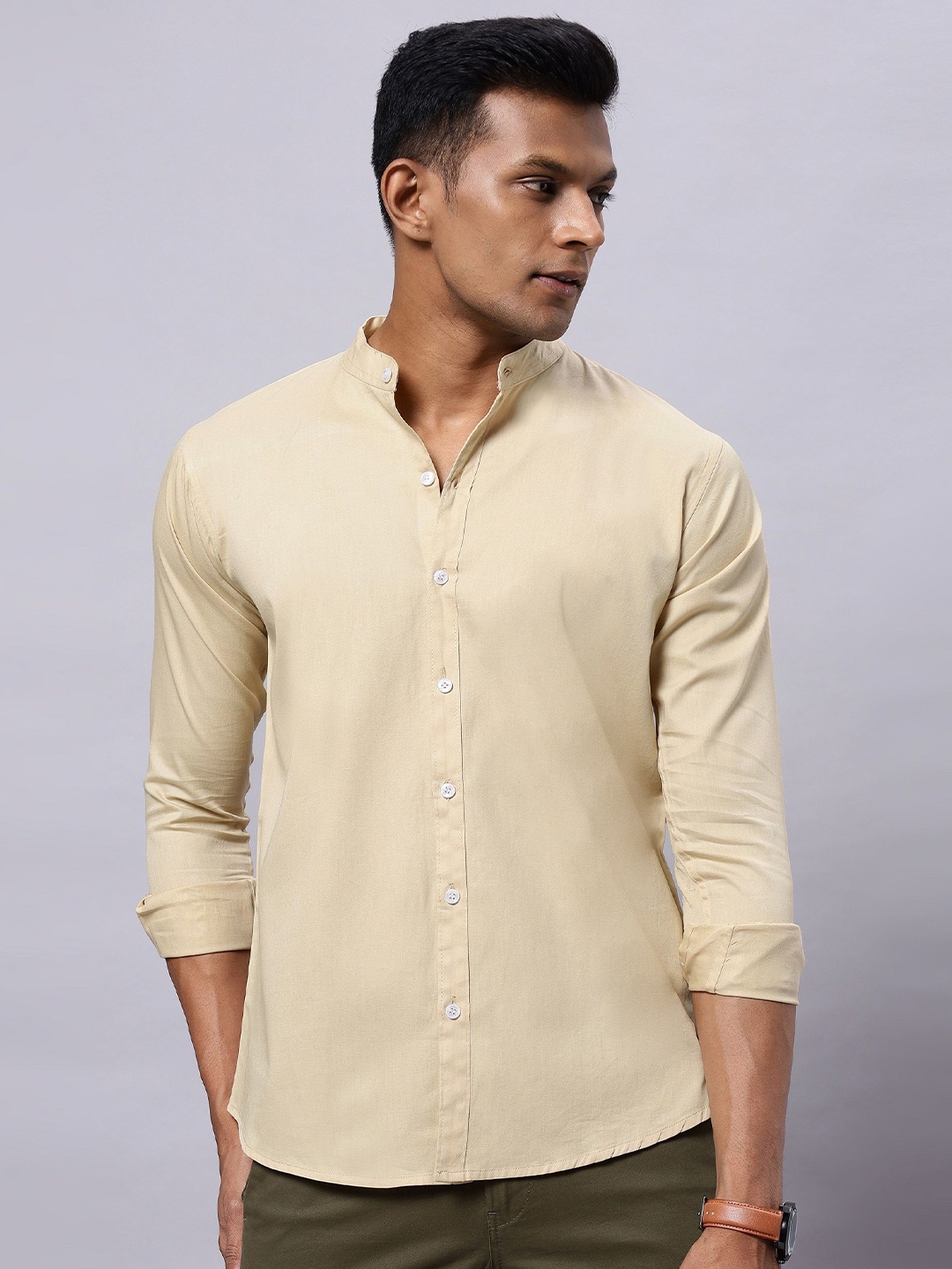 

N AND J Men Classic Band Collar Solid Cotton Casual Shirt, Yellow