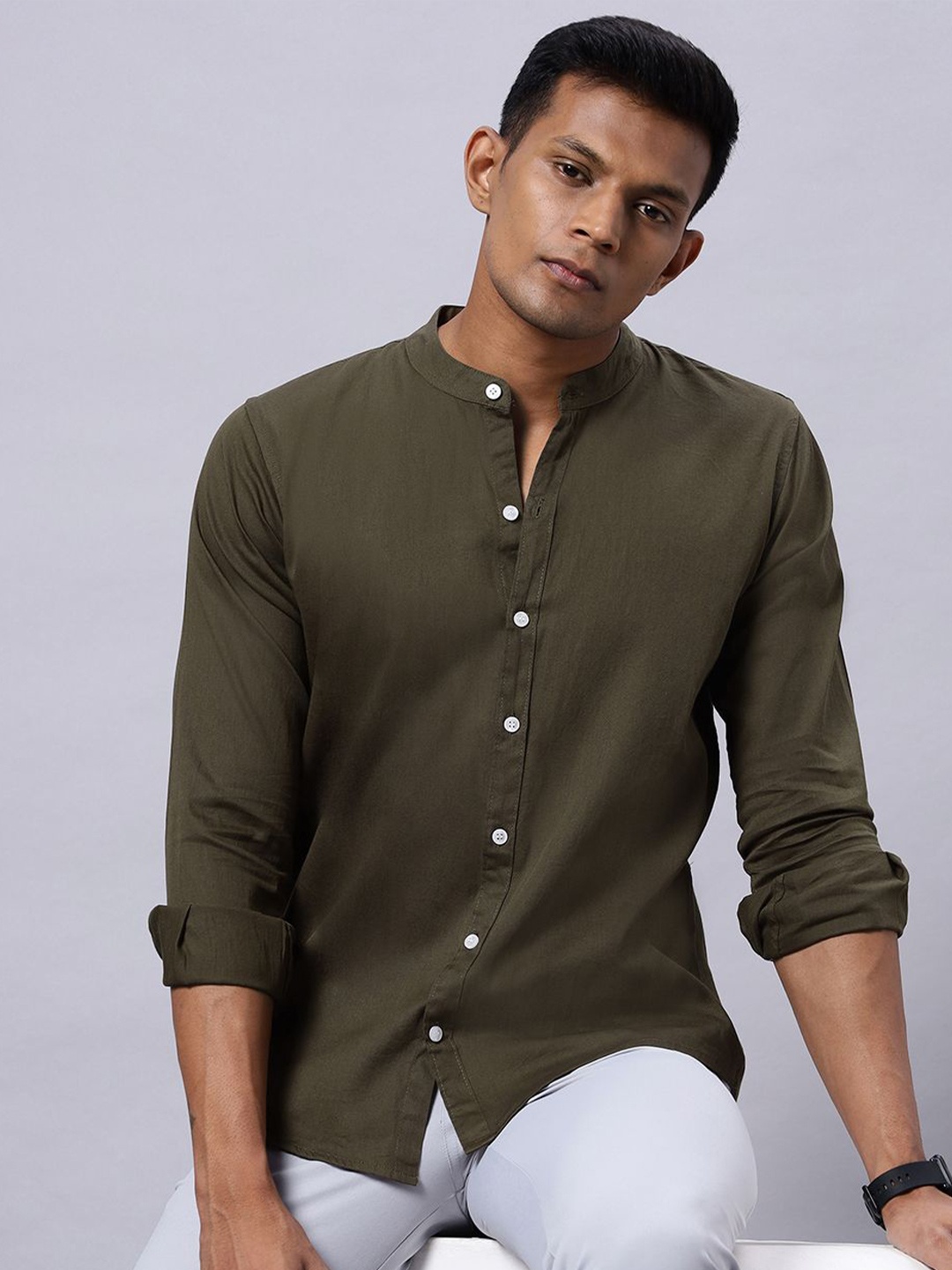 

N AND J Men Classic Band Collar Solid Cotton Casual Shirt, Olive