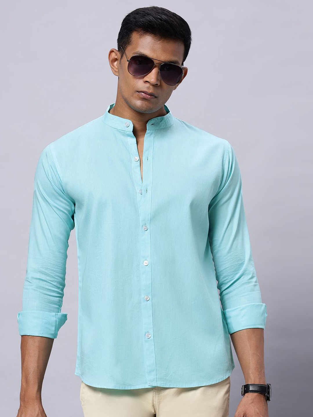 

N AND J Men Classic Band Collar Solid Cotton Casual Shirt, Blue