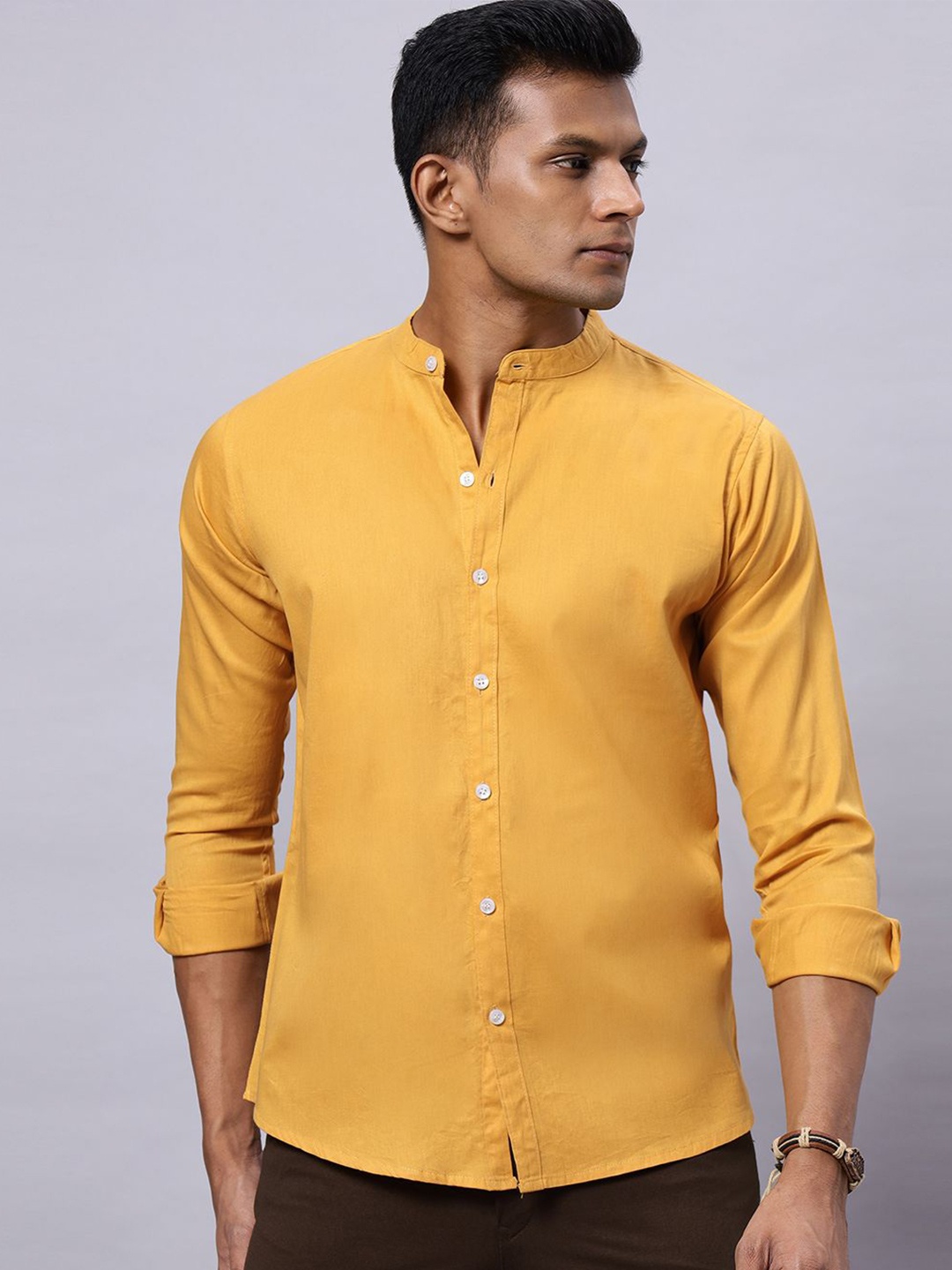 

N AND J Men Classic Slim Fit Band Collar Solid Cotton Casual Shirt, Mustard