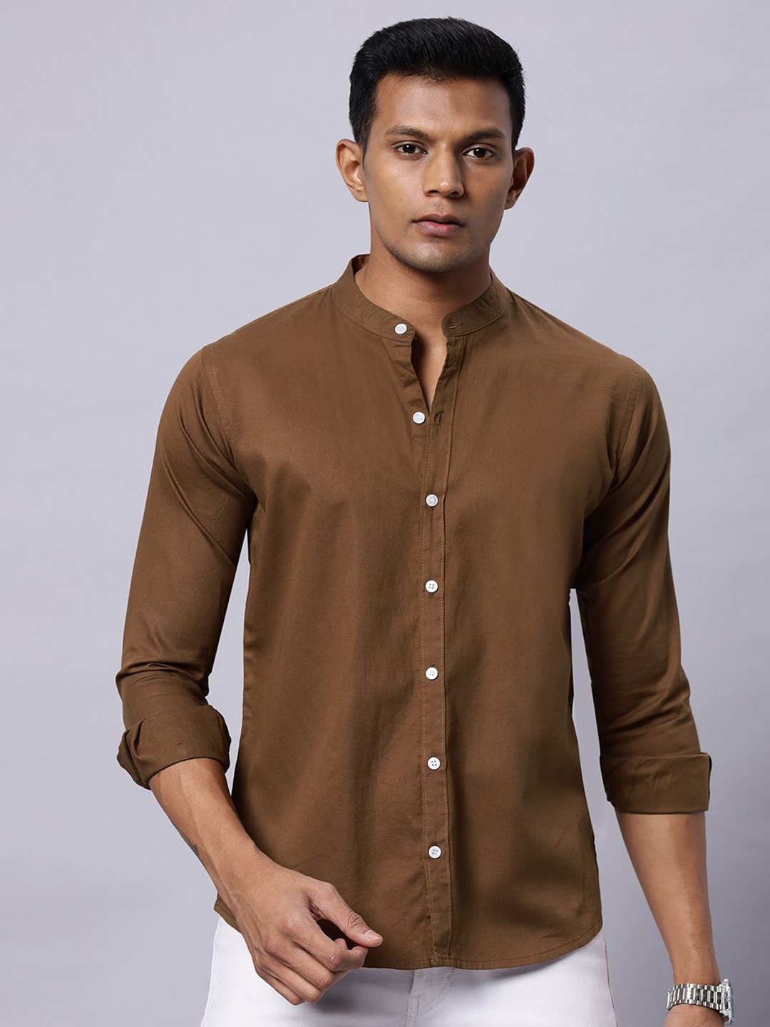 

N AND J Men Classic Band Collar Solid Cotton Casual Shirt, Coffee brown