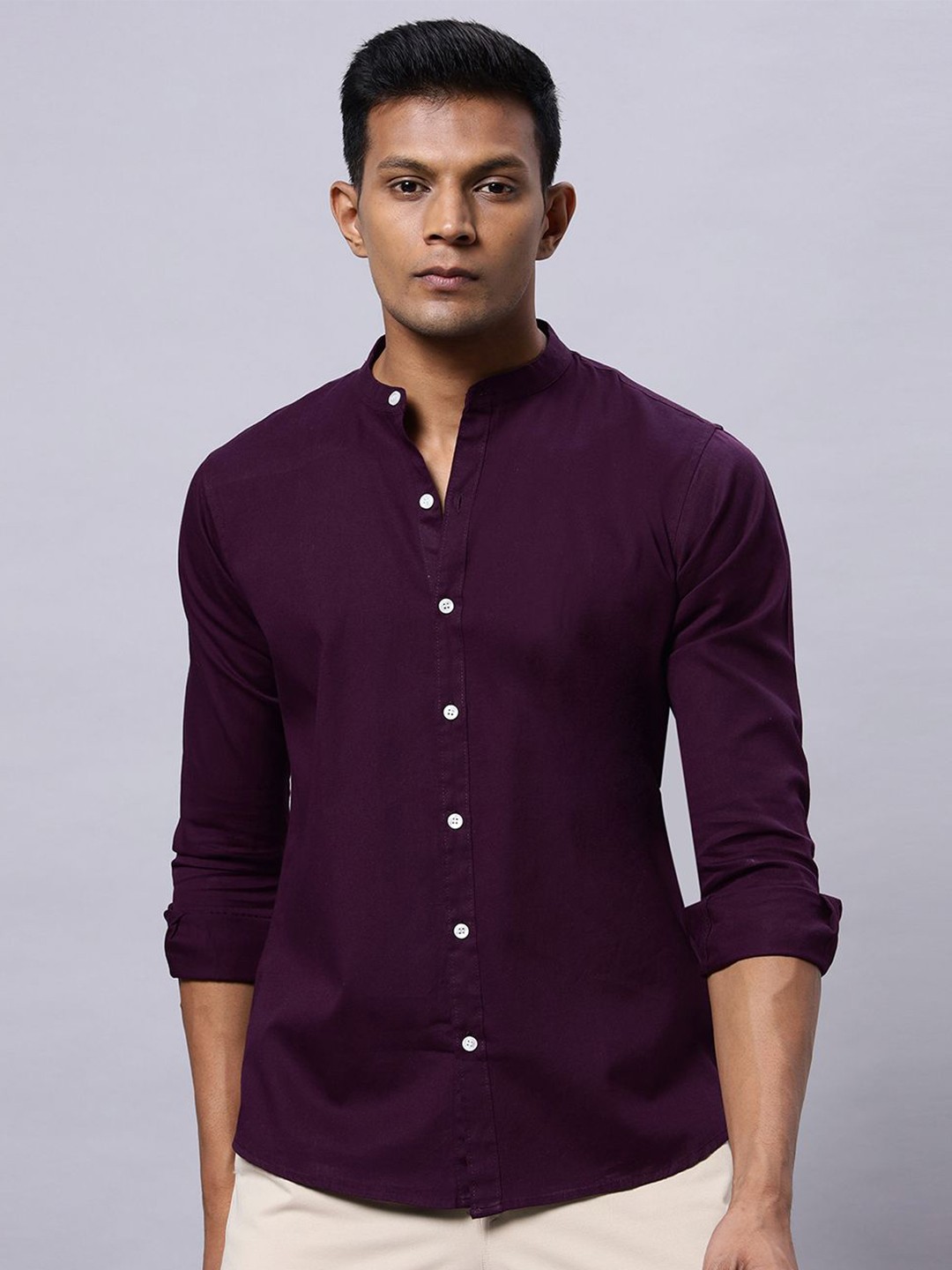 

N AND J Men Classic Band Collar Solid Cotton Casual Shirt, Burgundy