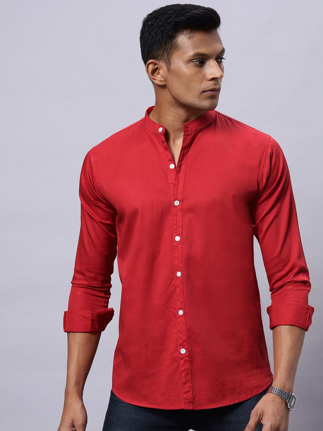 

N AND J Men Classic Band Collar Solid Cotton Casual Shirt, Red