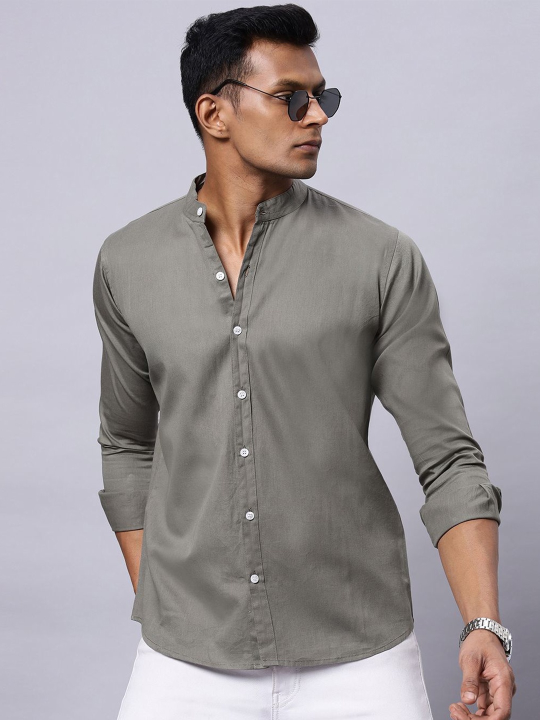 

N AND J Men Classic Slim Fit Band Collar Solid Cotton Casual Shirt, Grey