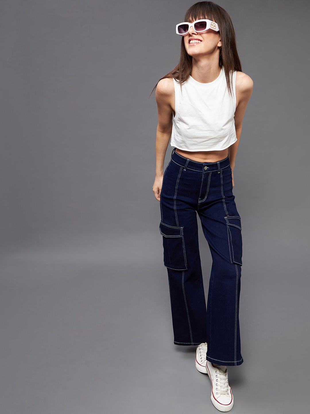 

Miss Chase Women Wide Leg High-Rise Stretchable Jeans, Blue