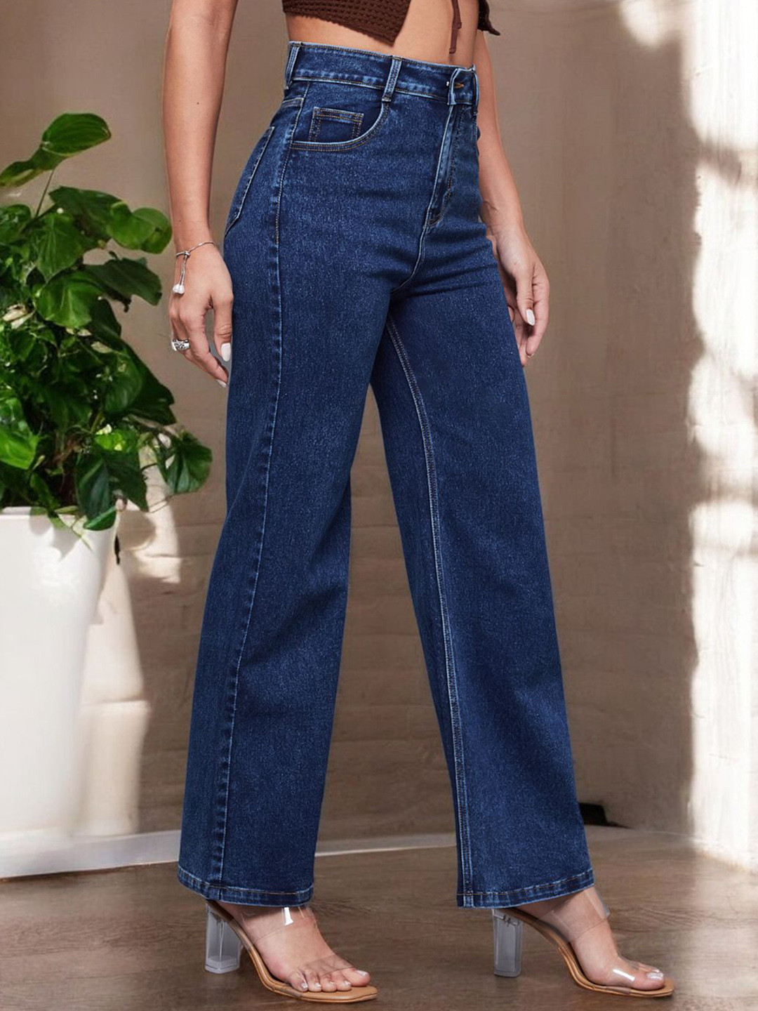 

Miss Chase Women Wide Leg High-Rise Heavy Fade Stretchable Jeans, Blue