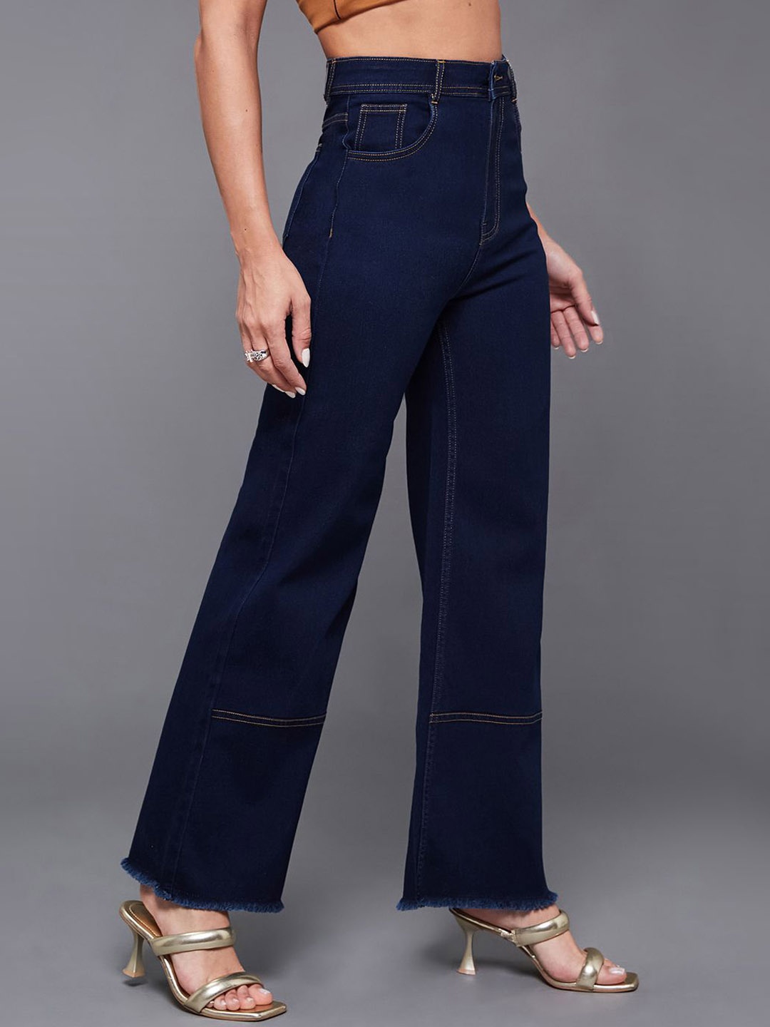 

Miss Chase Women Wide Leg High-Rise Heavy Fade Stretchable Jeans, Blue