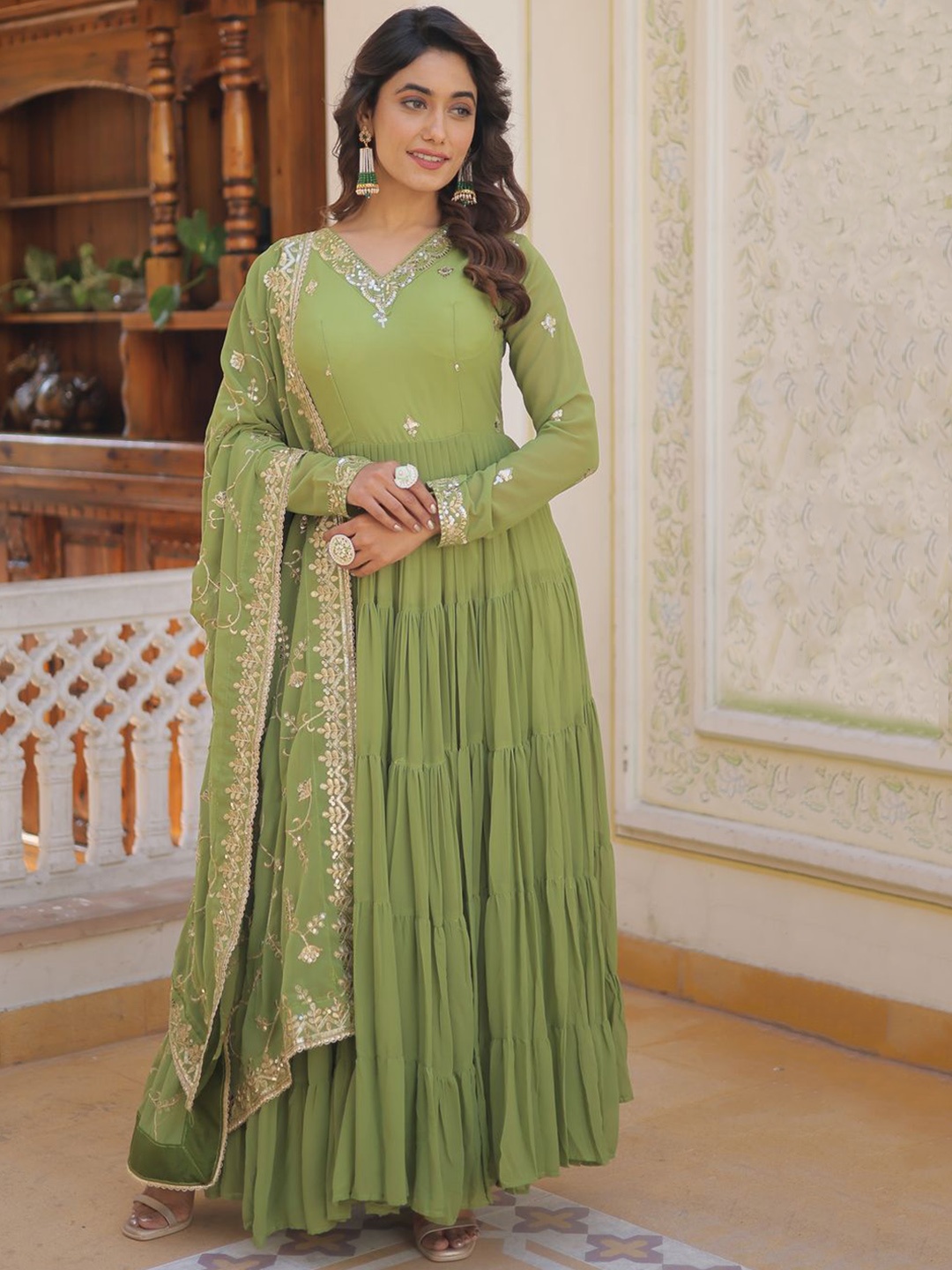 

KALINI Floral Embroidered V-Neck Sequinned Tiered Anarkali Georgette Kurta, Green