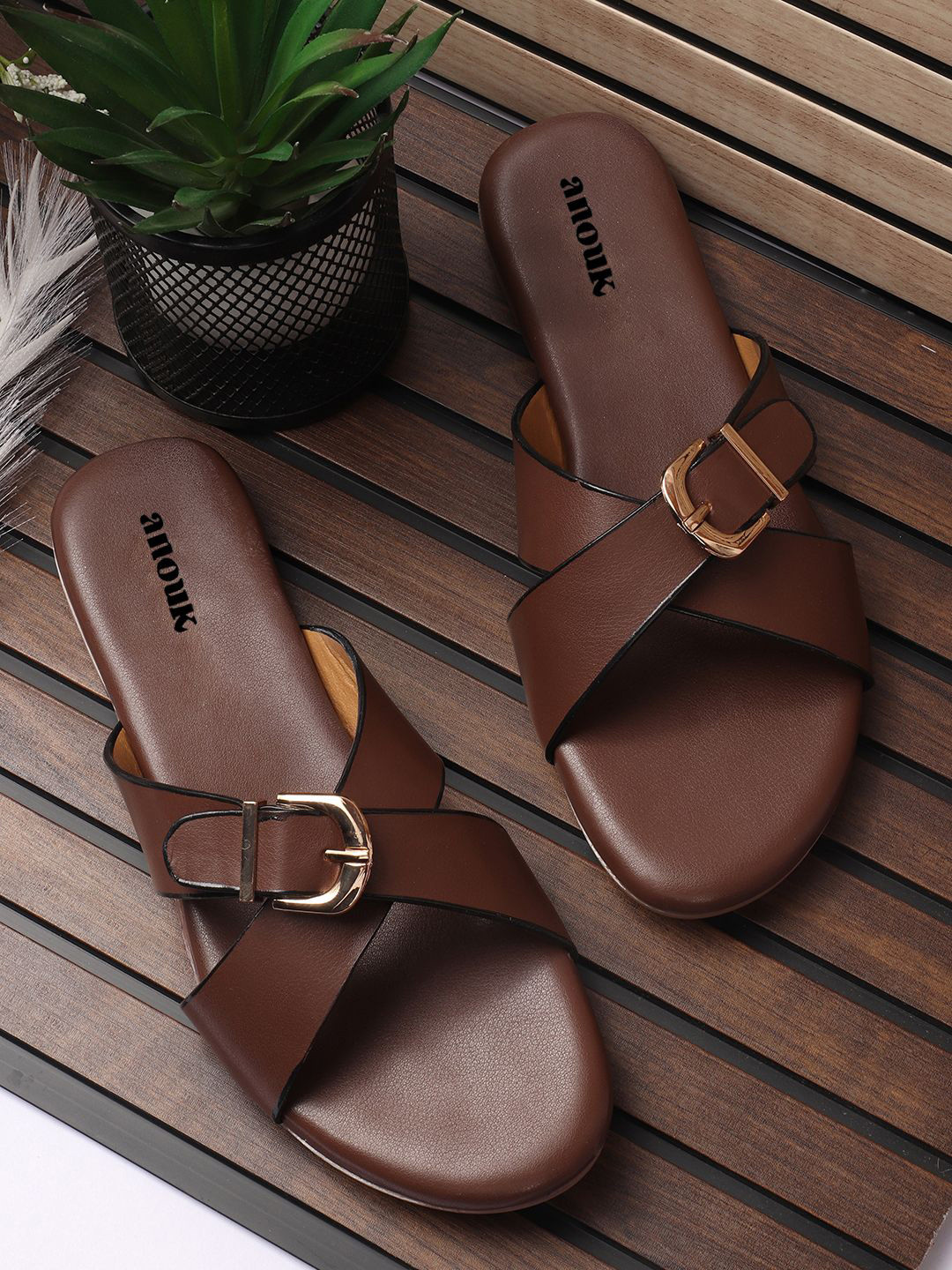 

Anouk Women Open Toe Flats with Buckles, Brown