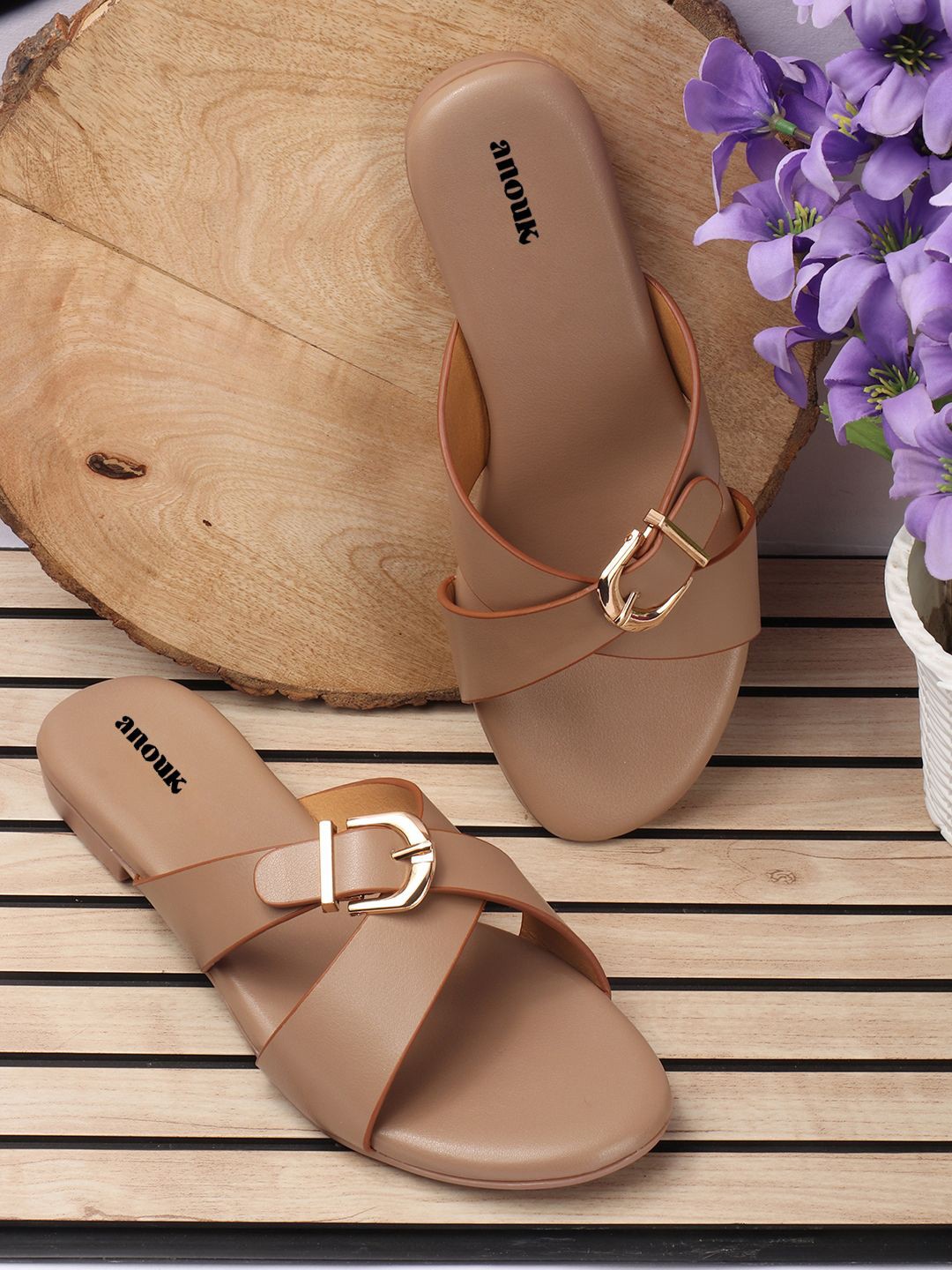 

Anouk Women Open Toe Flats with Buckles, Tan