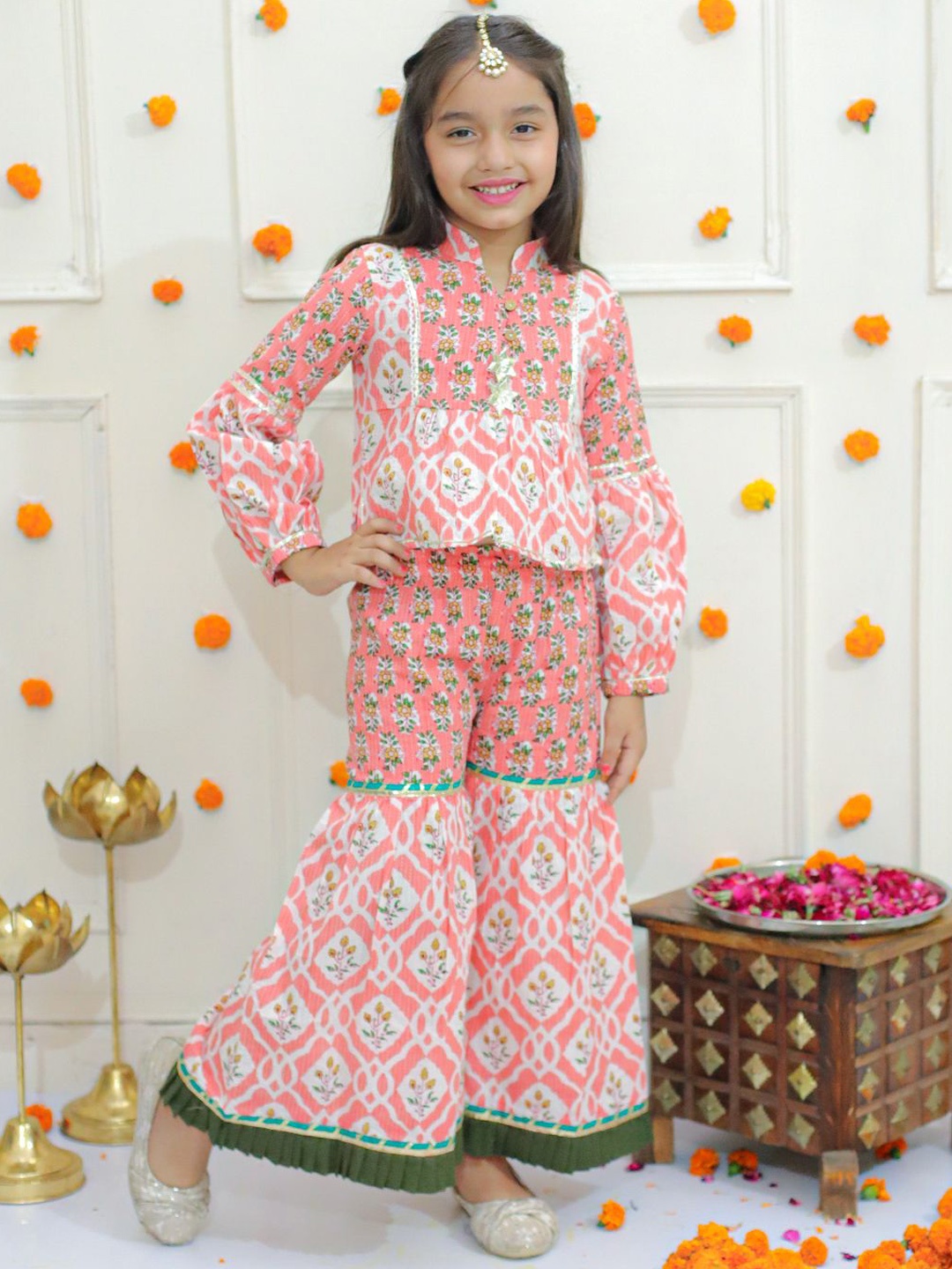 

Ka-mee Printed Mandarin Collar Pure Cotton Top with Sharara, Pink