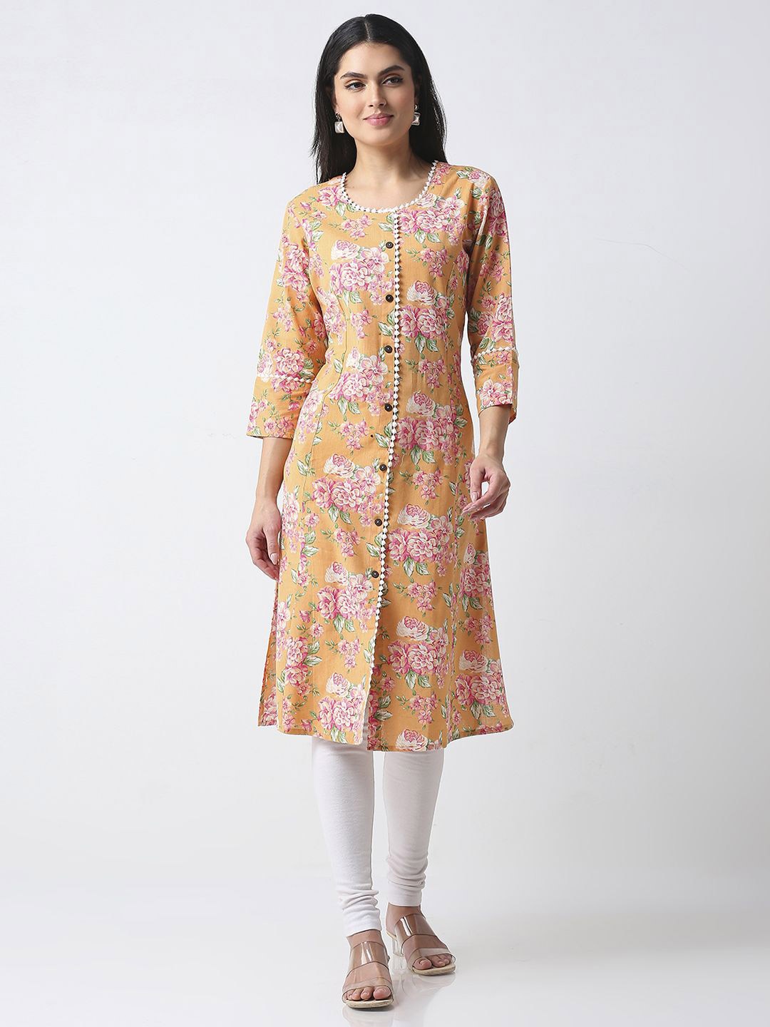 

GULABBO Women Cotton Floral Printed Kurta, Yellow