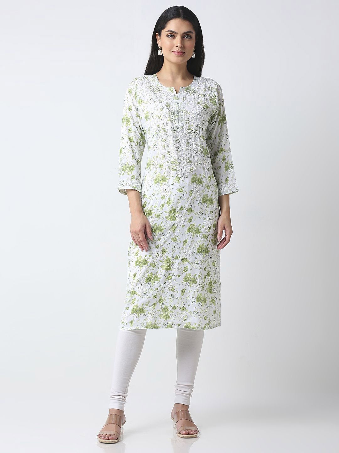 

GULABBO Floral Printed Notch Neck Thread Work Pure Cotton Straight Kurta, White