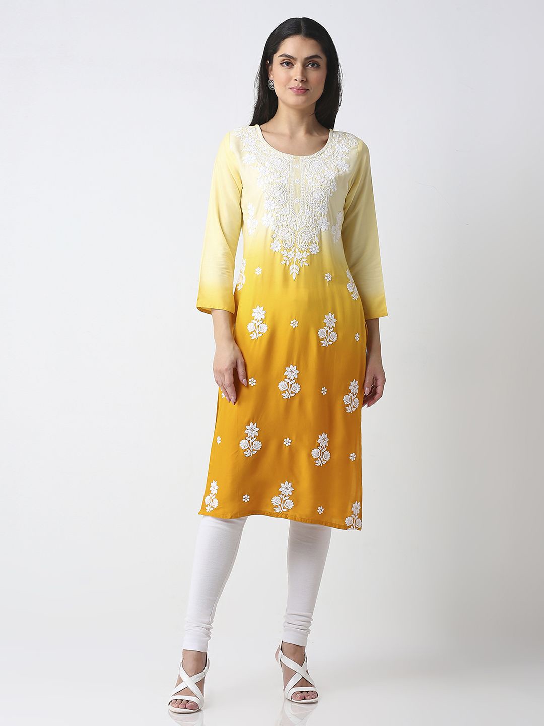 

GULABBO Floral Embroidered Pure Cotton Straight Kurtas, Yellow