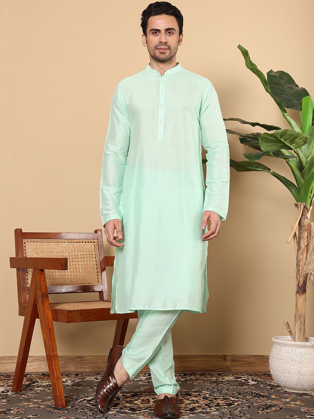 

MULTI SHADES Mandarin Collar Straight Kurta, Sea green