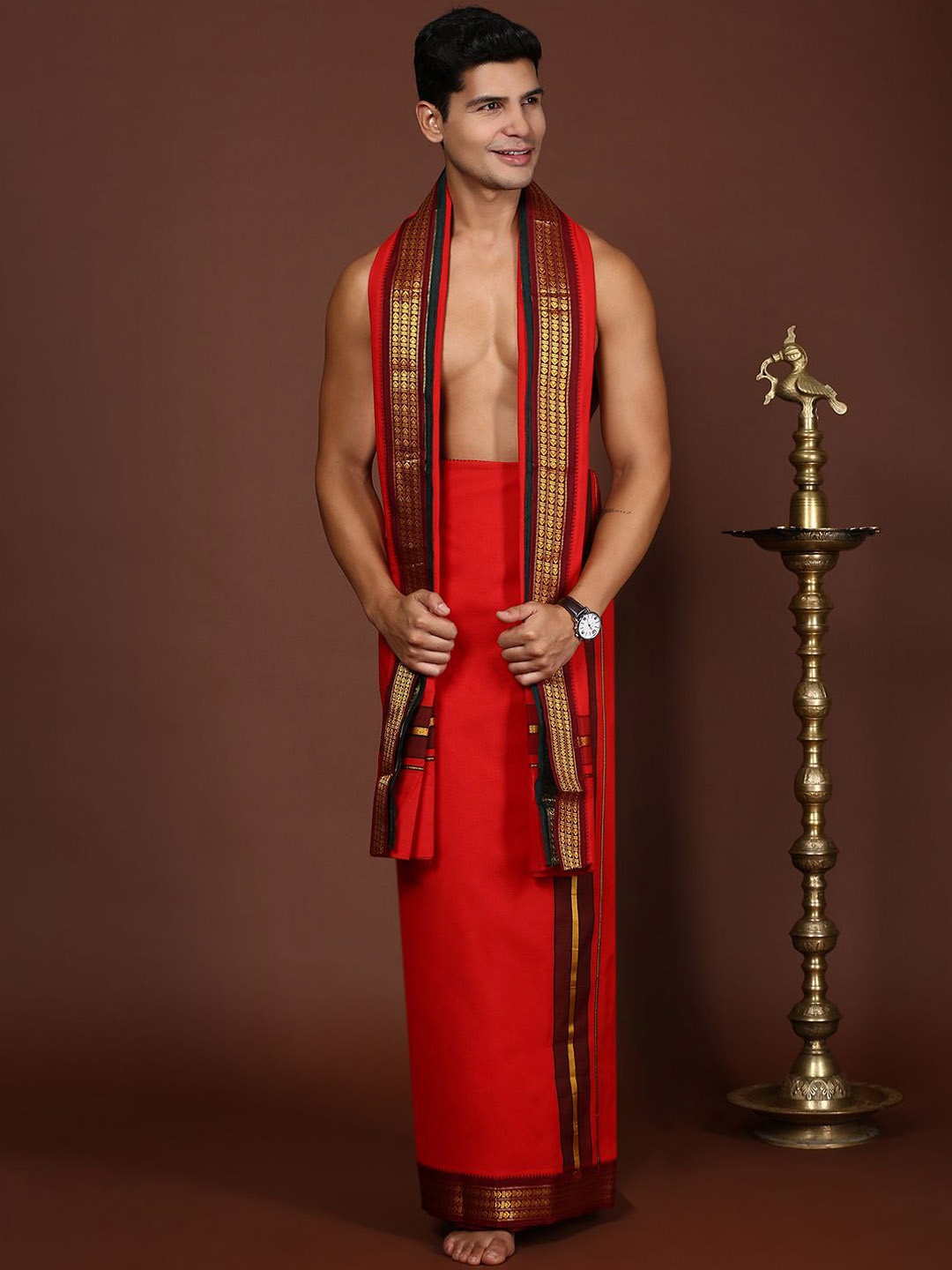 

Devala Weavers Society Men Cotton Dhotis & Angavastram Set with Zari Border, Red