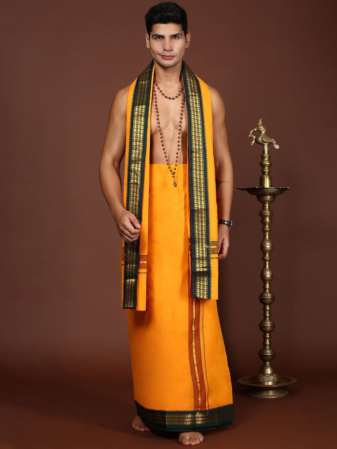 

Devala Weavers Society Men Cotton Dhotis & Angavastram Set with Zari Border, Orange