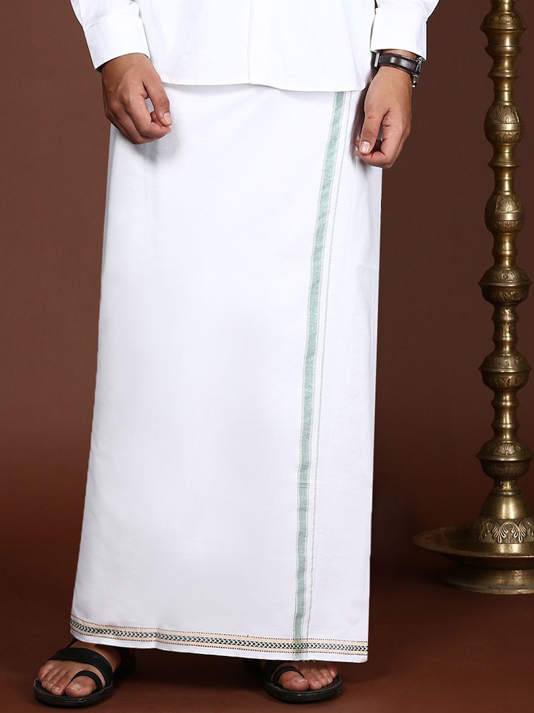 

Devala Weavers Society Men Pure Cotton Single Layer White Dhoti with Coloured Border