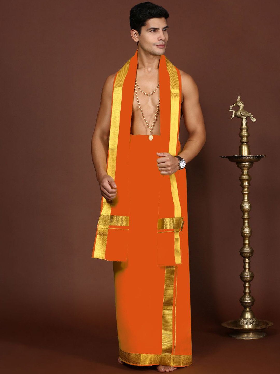 

Devala Weavers Society Men Cotton Dhoti & Towel, Orange