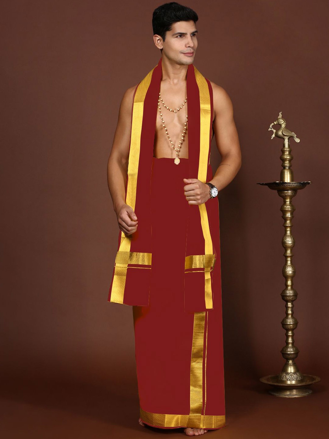 

Devala Weavers Society Men Cotton Dhotis & Angavastram Set with Zari Border, Maroon