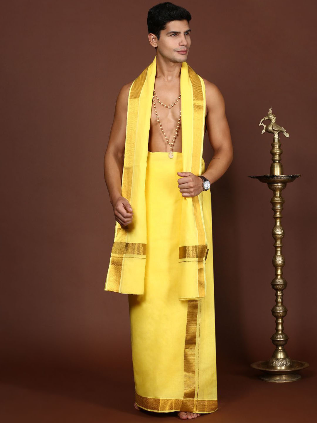 

Devala Weavers Society Men Cotton Double Layer Yellow Dhotis & Angavastram Set with Zari Border