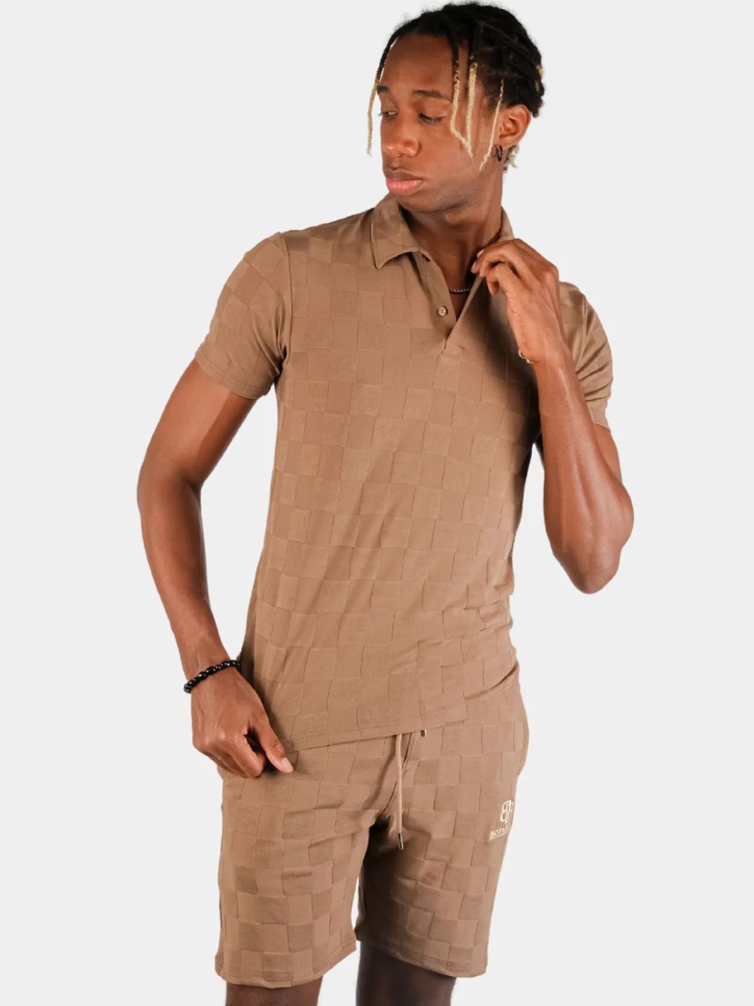 

BOTABOCHI Self Design Polo Collar Pure Cotton T-Shirt With Shorts, Brown