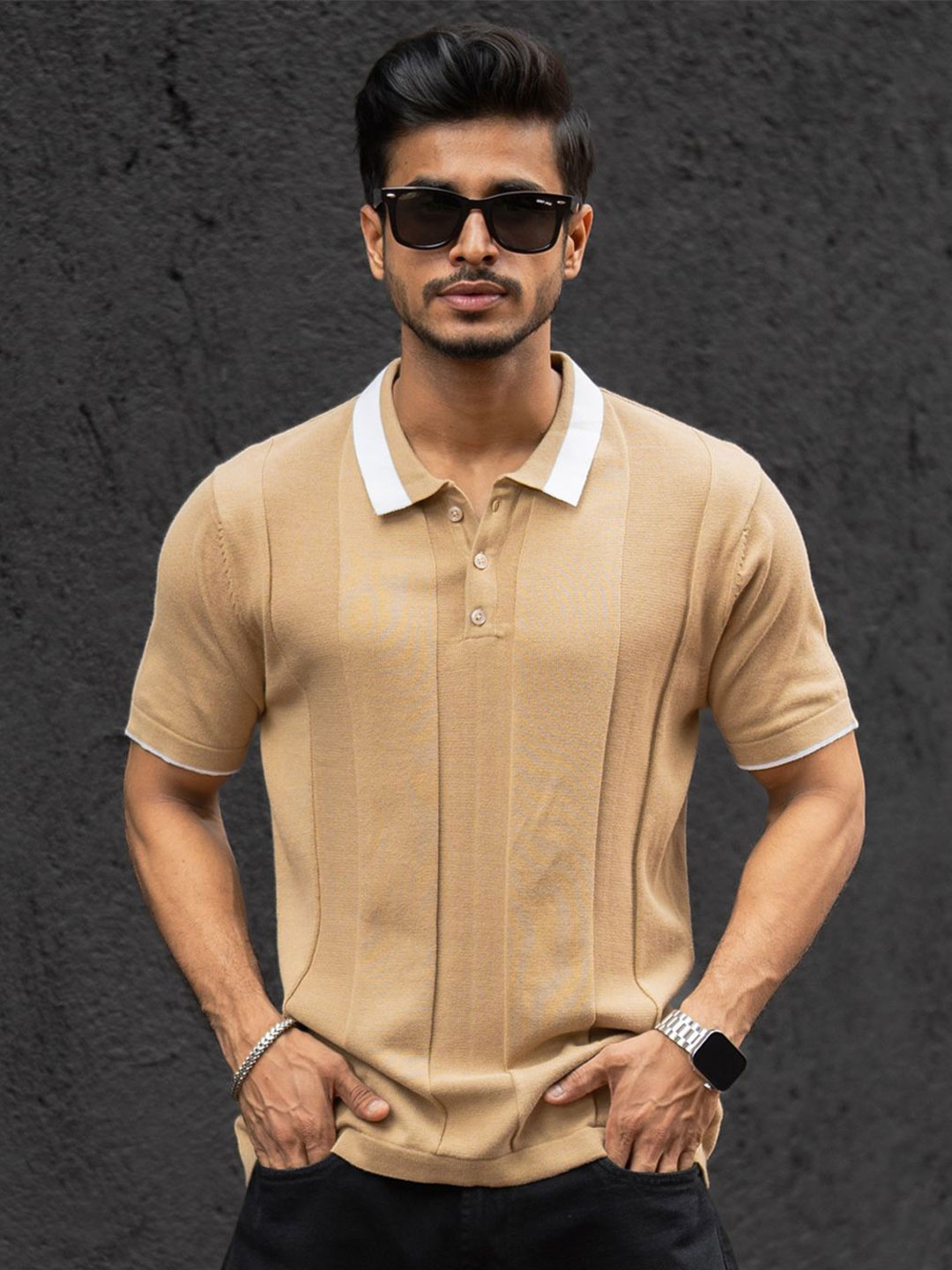 

Powerlook Men Self Design Polo Collar Cotton T-shirt, Beige