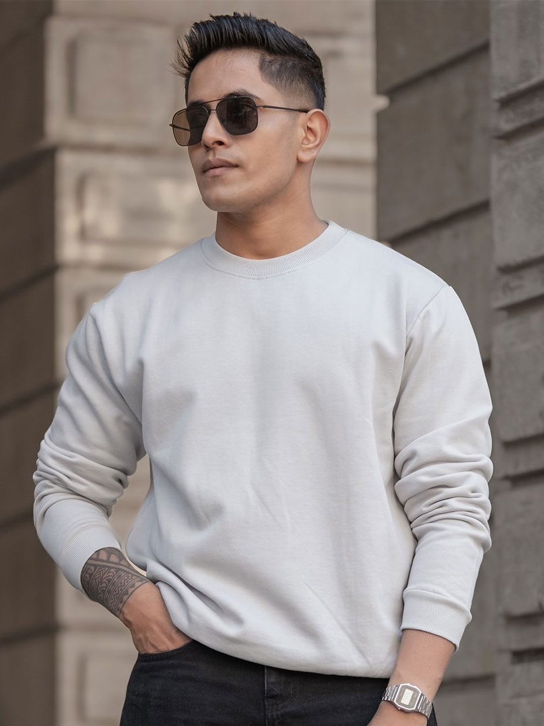 

Powerlook Men Solid Round Neck Cotton Casual Sweatshirt, Grey