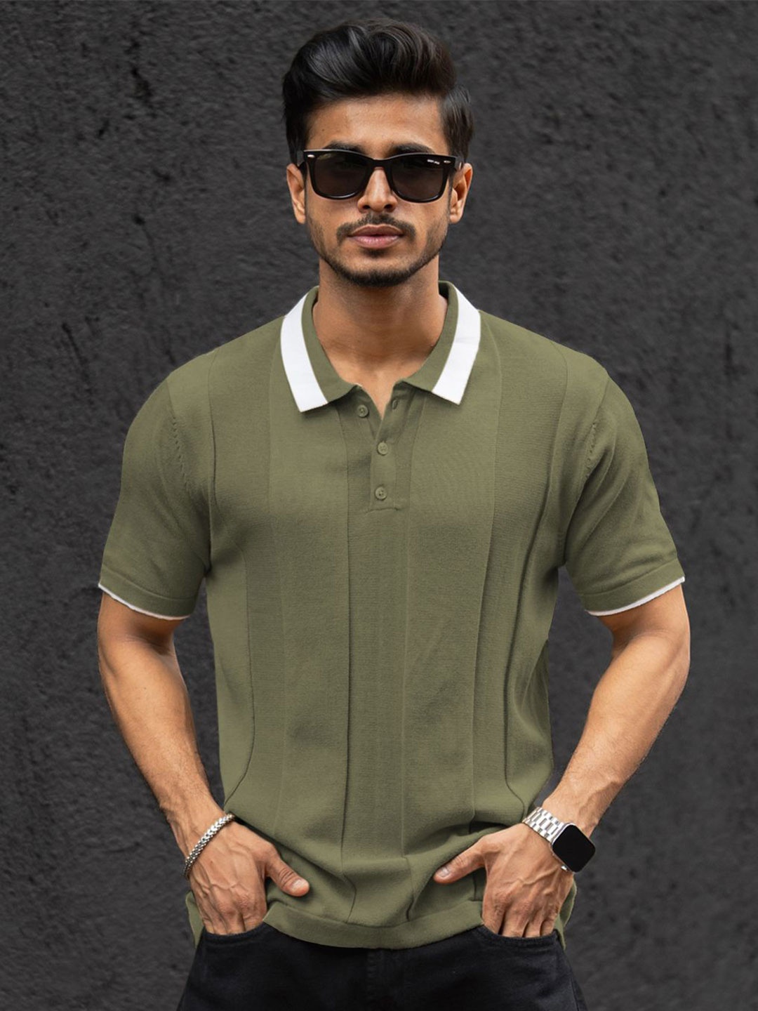 

Powerlook Men Solid Polo Collar Cotton T-shirt, Olive
