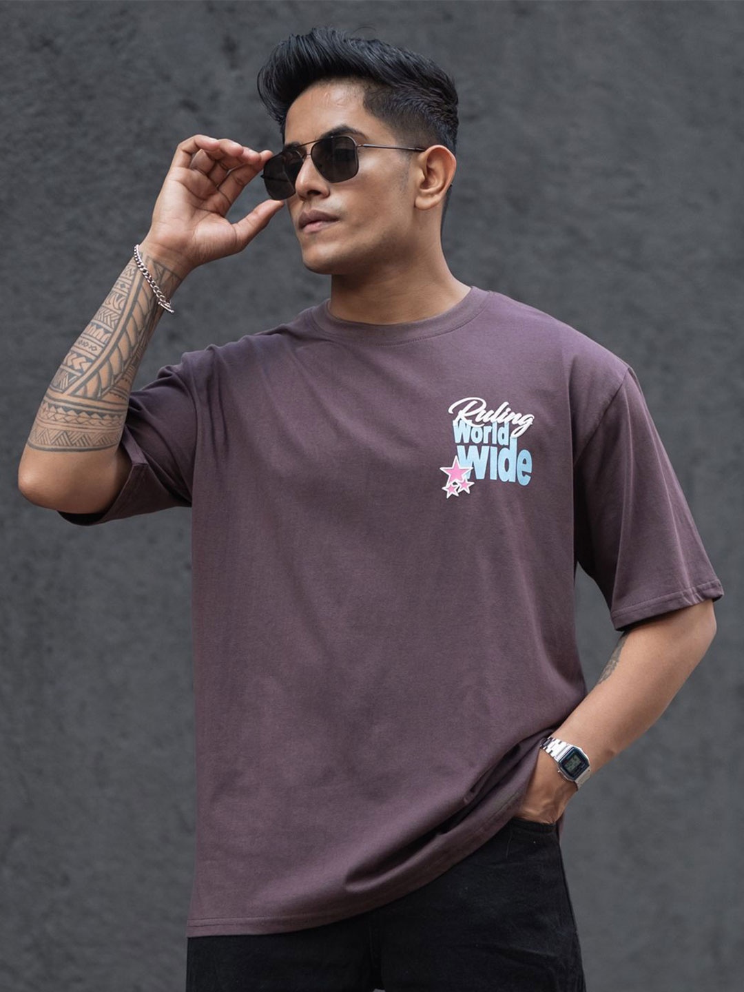 Powerlook Men Typography Printed Round Neck Cotton Oversized T-shirt, Brown
