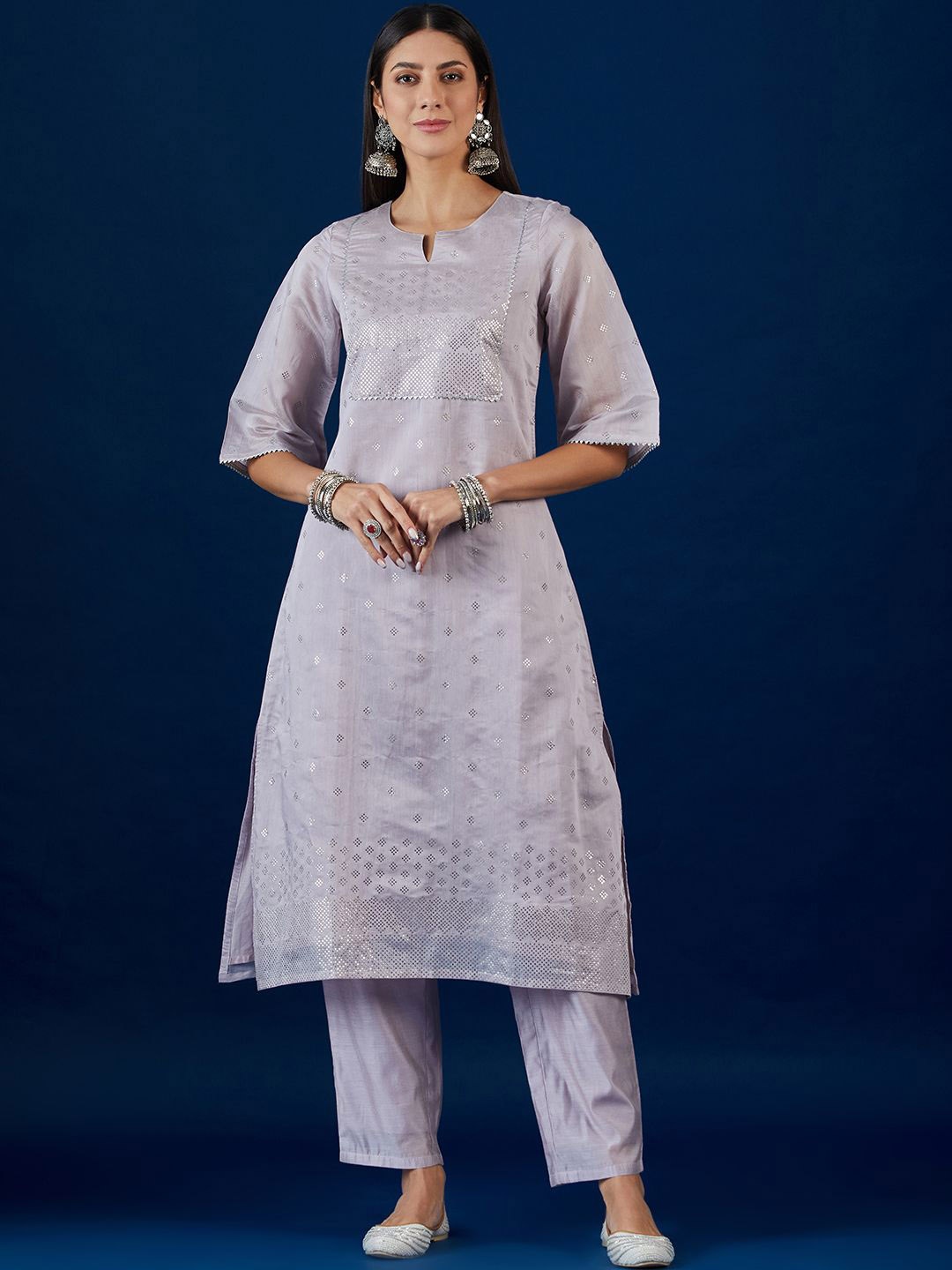 

House of Pataudi Ethnic Motifs Printed Chanderi Silk Straight Kurta, Lavender