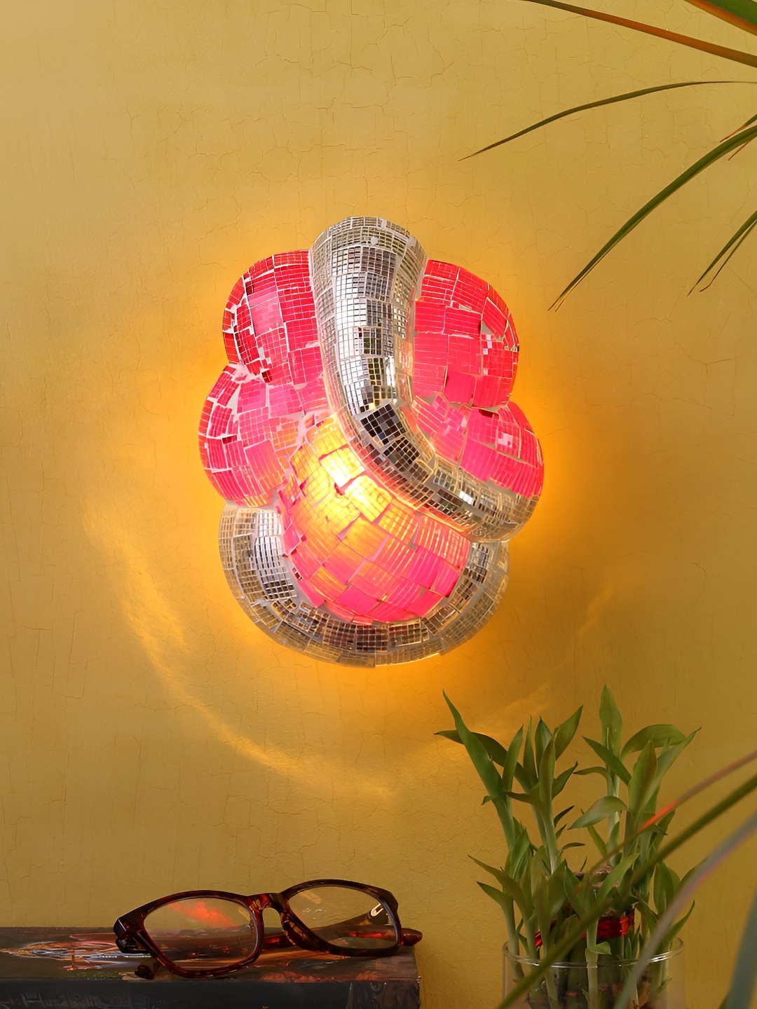 

Aura Pink & Silver-Toned Glass Ganesha Traditional Abstract Shaped Wall Lamp