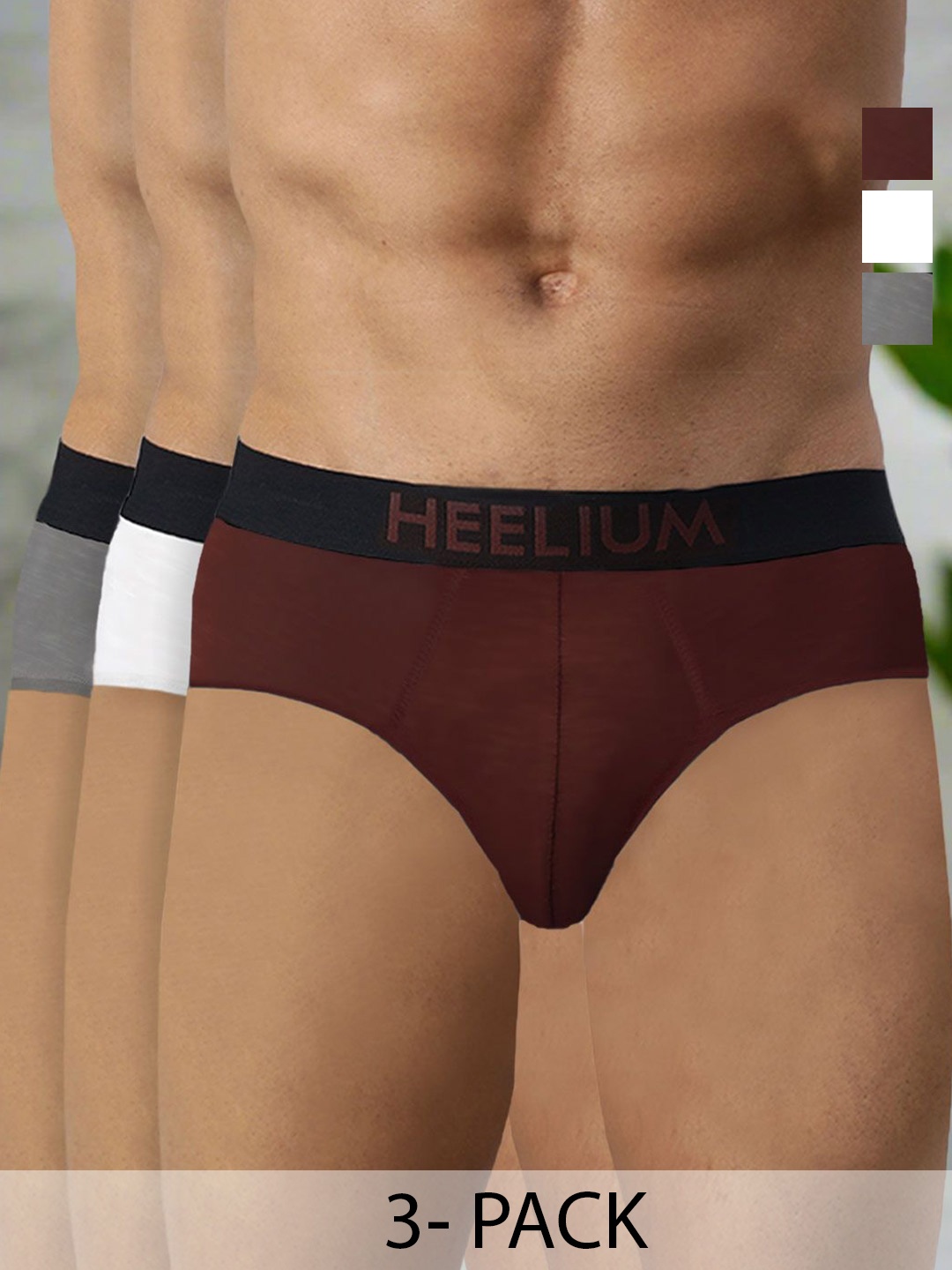 

Heelium Men Pack Of 3 Bamboo Super Soft & Odour Free Comfort Fit Brief P3-BRIEF-DGWHTRED, Coffee brown