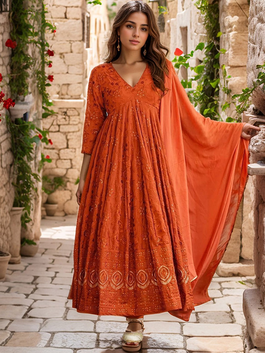 

Emaira Floral Embroidered Georgette Empire Anarkali Kurta with Trousers & Dupatta, Rust