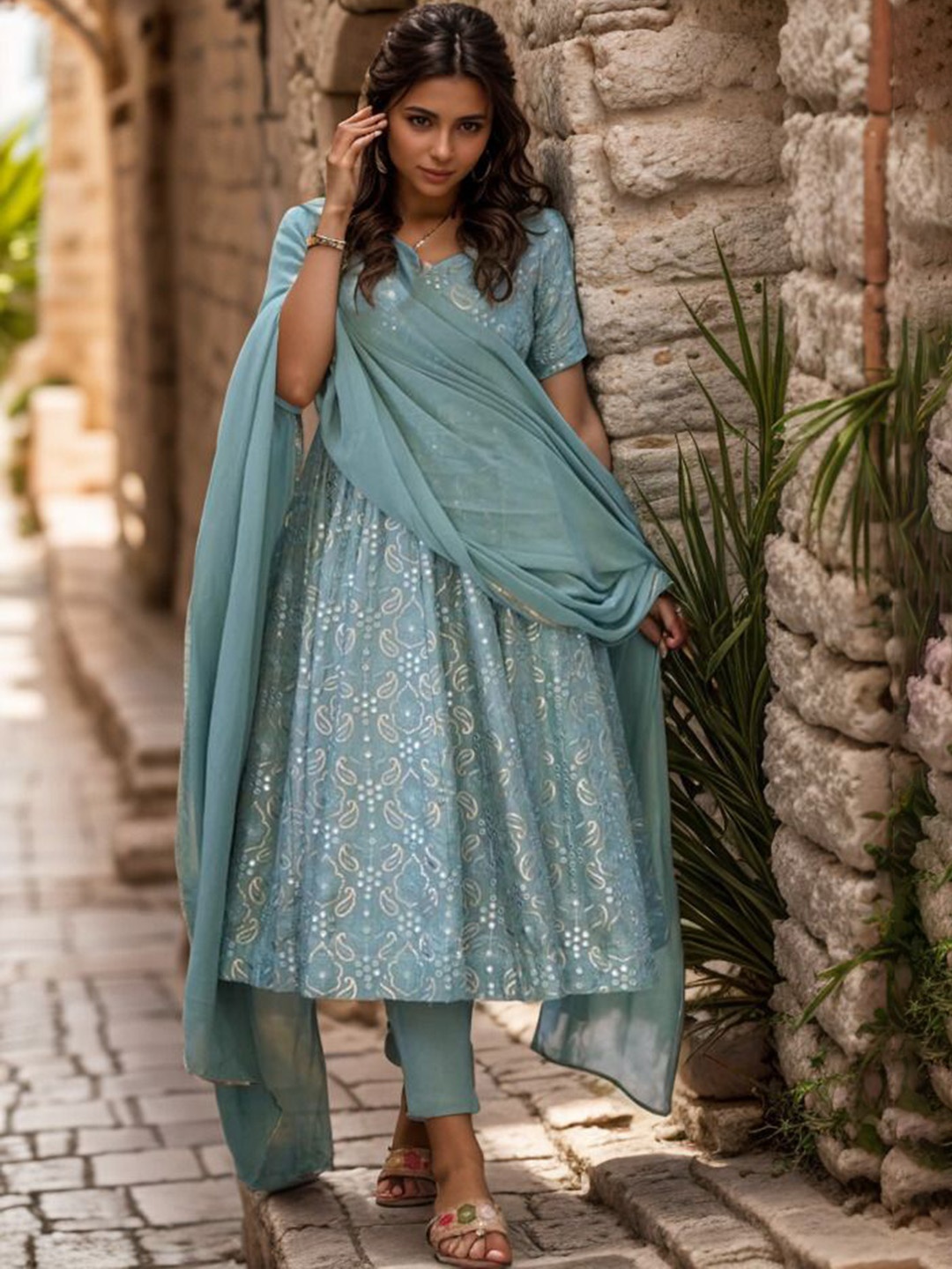 

Emaira Ethnic Motifs Embroidered Angrakha Sequinned Kurta with Trousers & Dupatta, Turquoise blue