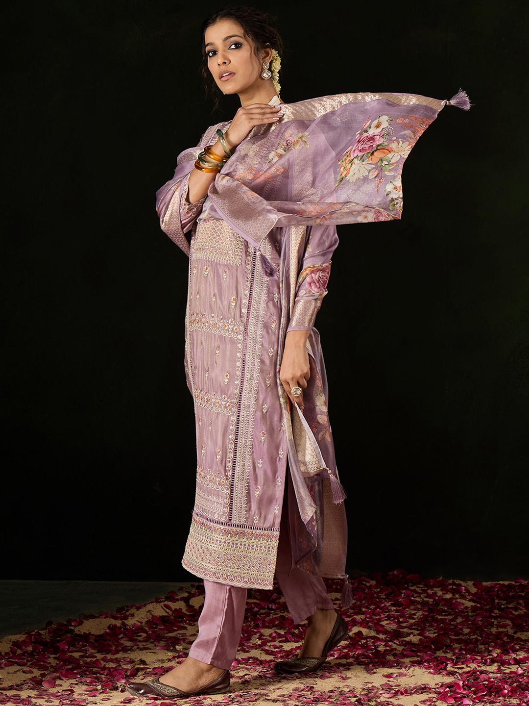 

Anouk Lavender Floral Embroidered Sequinned Straight Kurta With Trousers & Dupatta