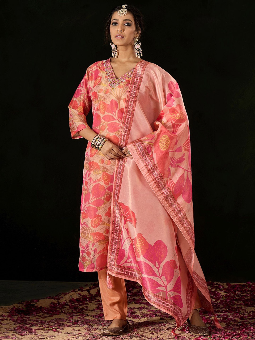 

Anouk Pink Floral Printed V-Neck Thread Work Straight Kurta With Trousers & Dupatta