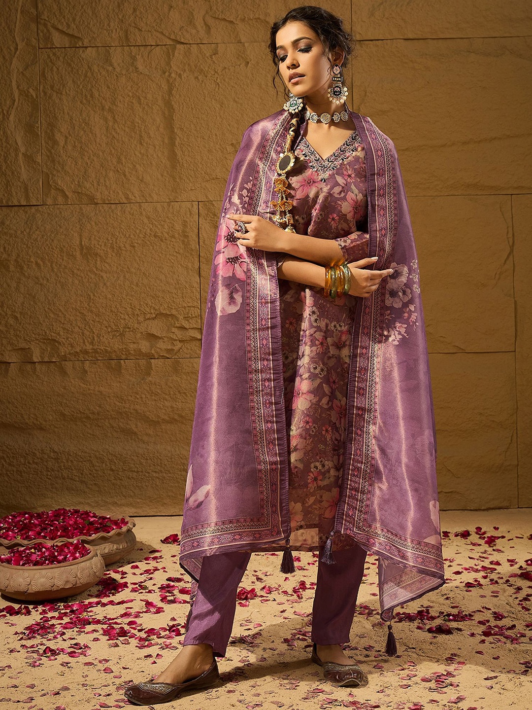 

Anouk Purple Floral Printed V-Neck Thread Work Straight Kurta With Trousers & Dupatta