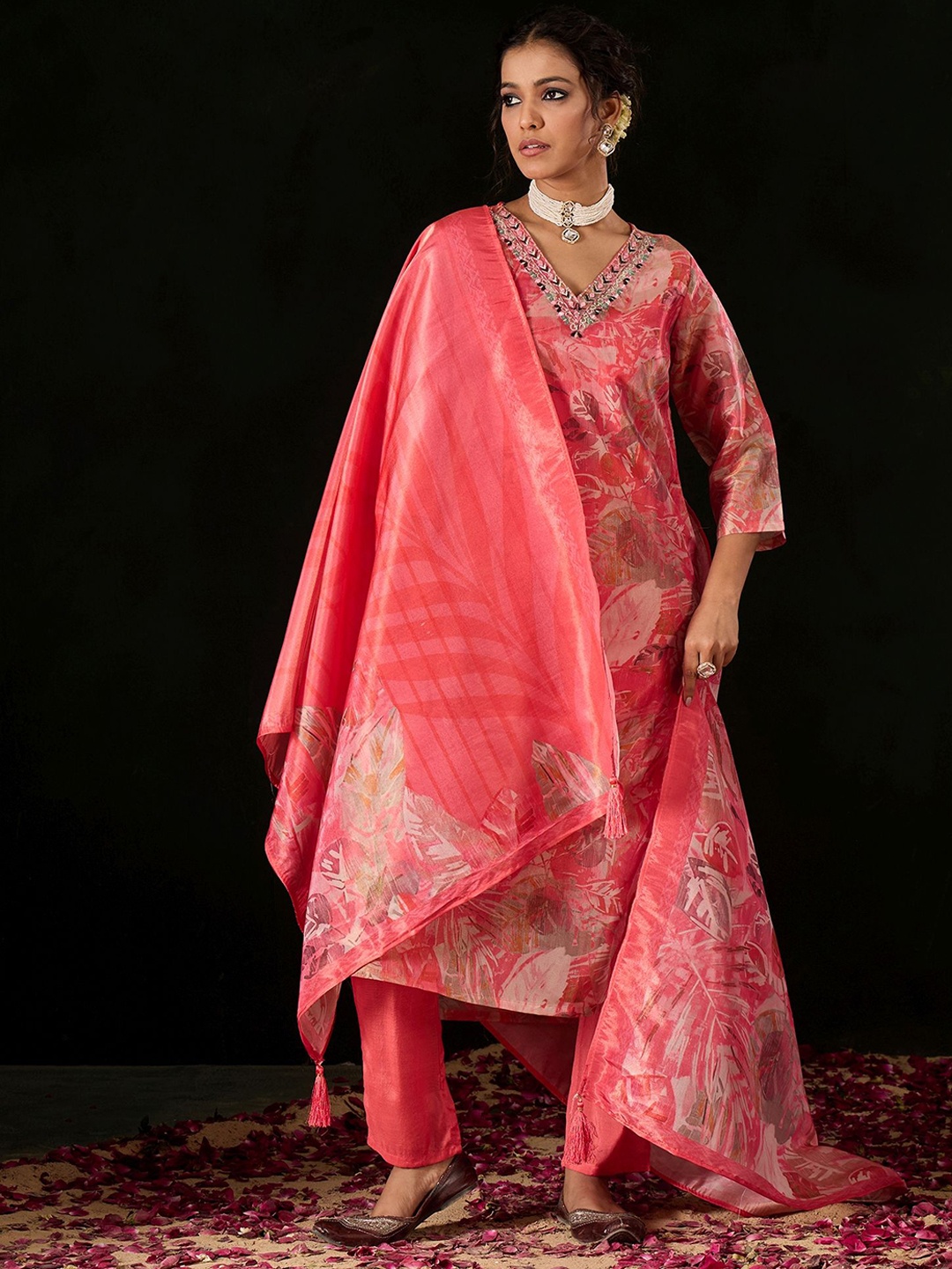

Anouk Pink Floral Printed V-Neck Mirror Work Straight Kurta With Trousers & Dupatta