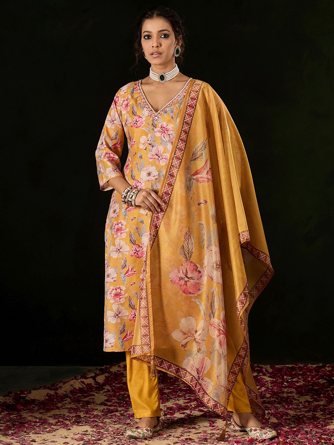 

Anouk Yellow Floral Printed V-Neck Thread Work Straight Kurta With Trousers & Dupatta