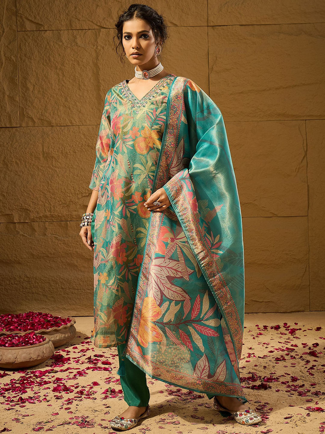 

Anouk Green Floral Printed V-Neck Mirror Work Straight Kurta With Trousers & Dupatta