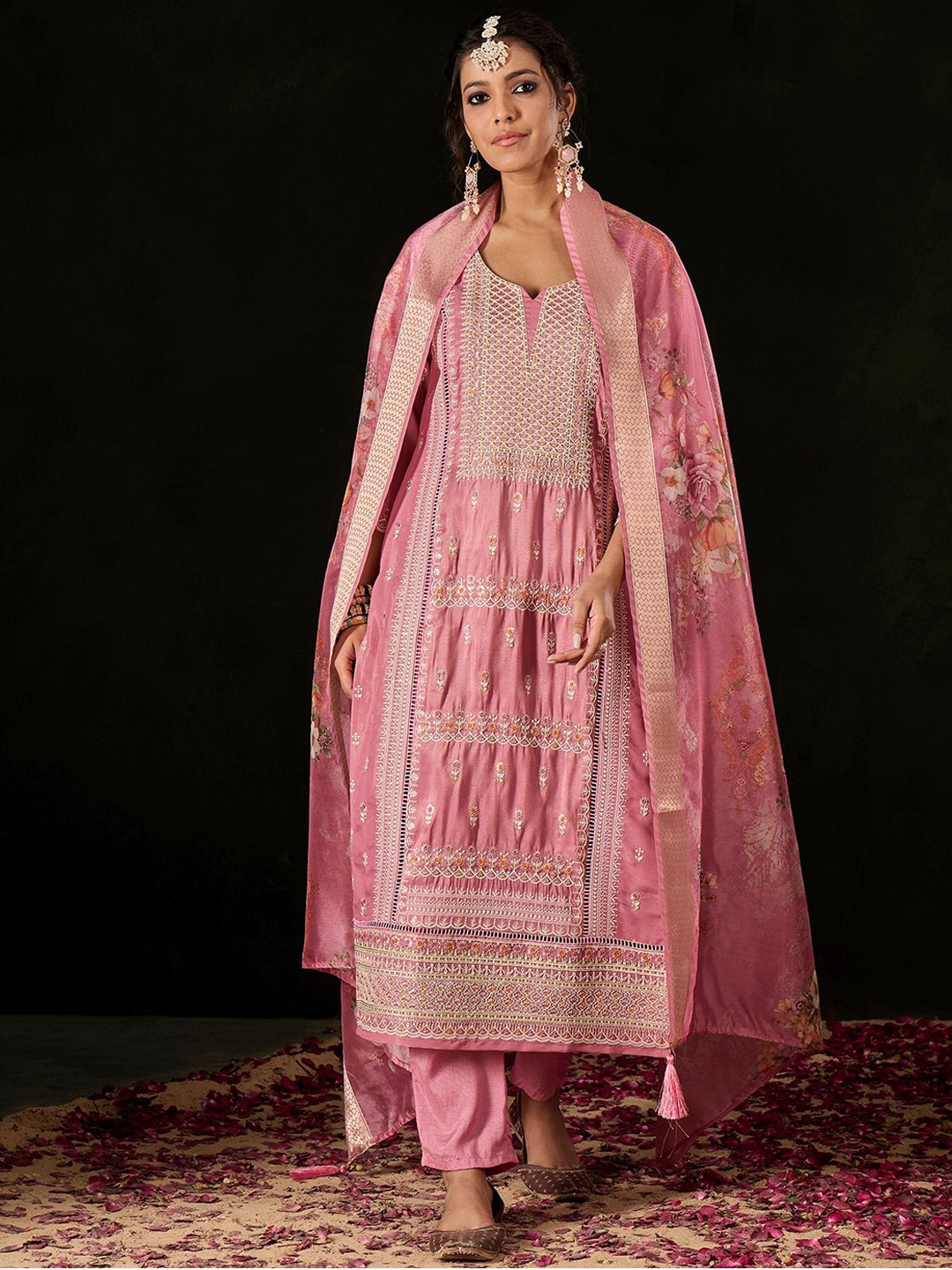 

Anouk Pink Floral Embroidered Notch Neck Thread Work Straight Kurta With Trouser & Dupatta