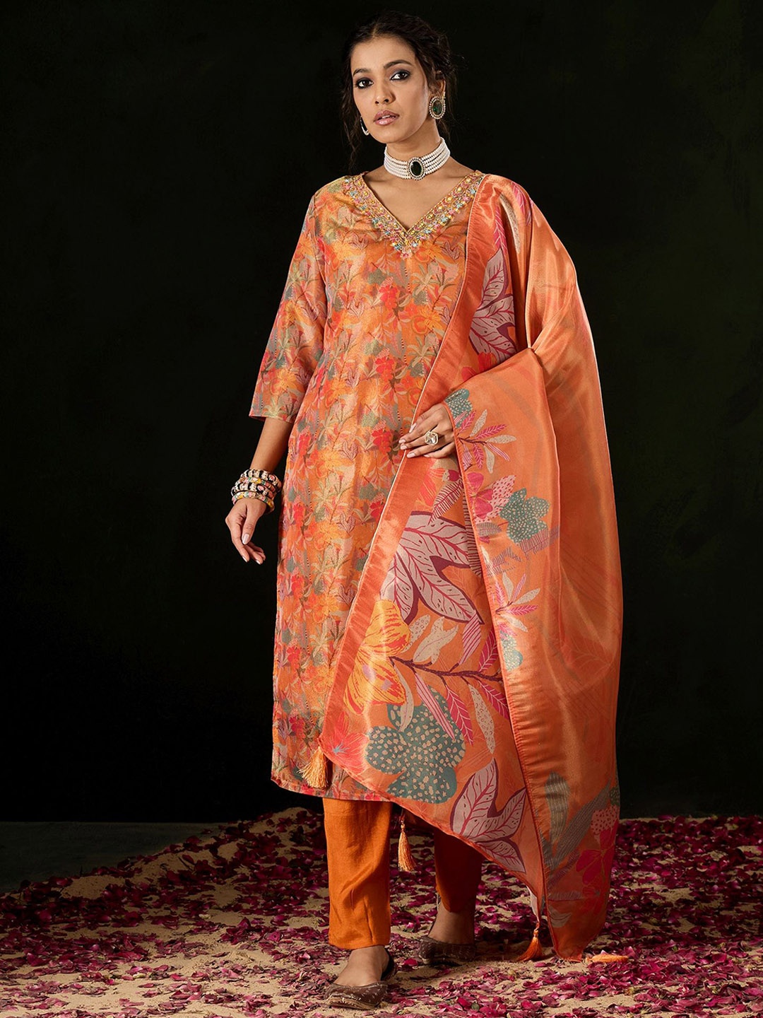 

Anouk Yellow Floral Printed V-Neck Thread Work Straight Kurta With Trousers & Dupatta, Orange