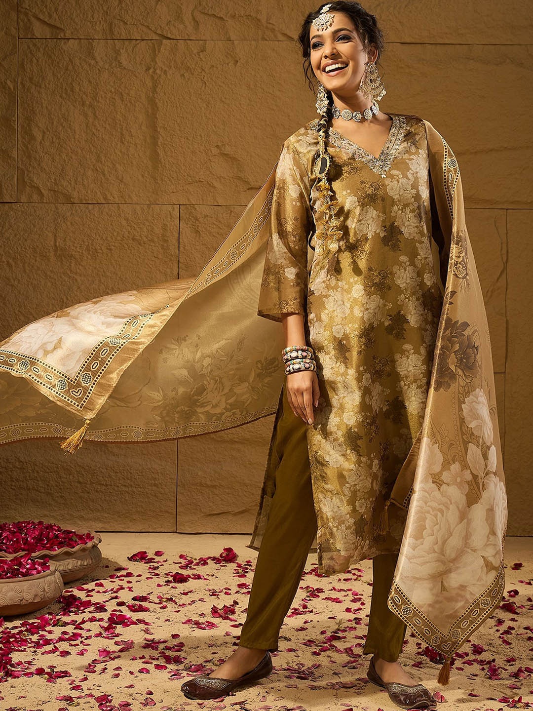 

Anouk Women Floral Embroidered Empire Mirror Work Kurta with Trousers & With Dupatta, Mustard