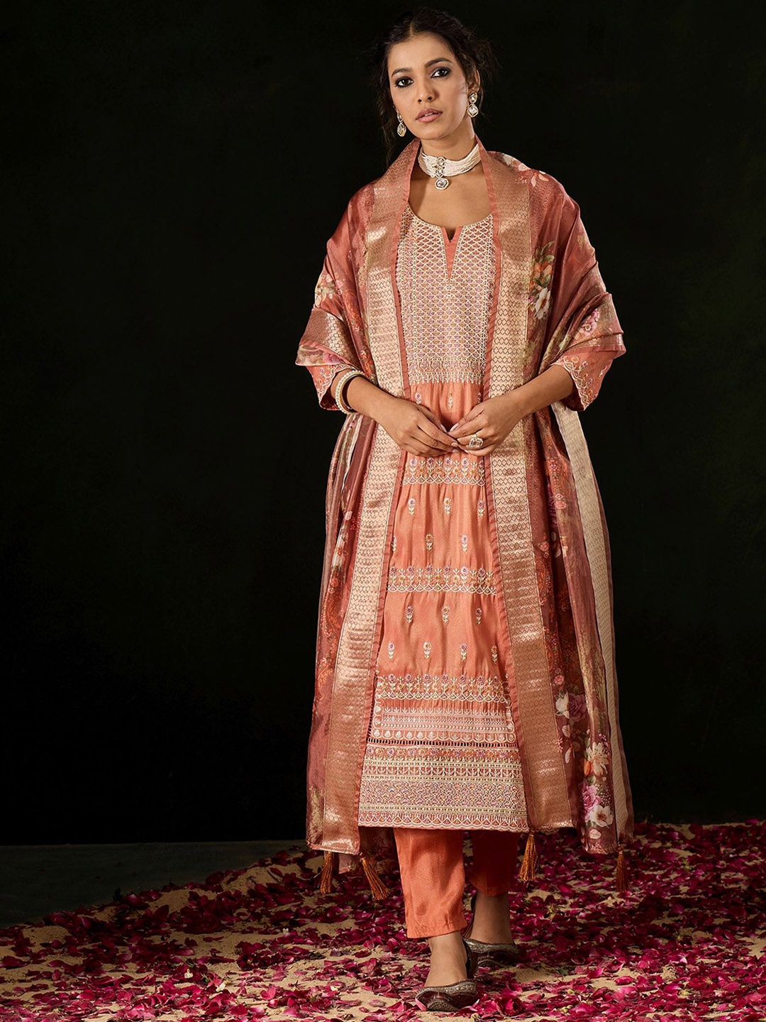 

Anouk Brown Floral Embroidered Sequinned Straight Kurta With Trousers & Dupatta