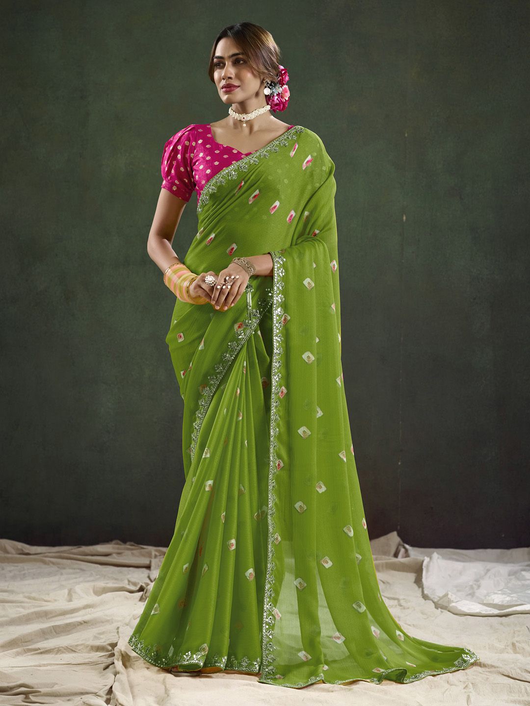 

Anouk Printed Sequinned Saree, Green